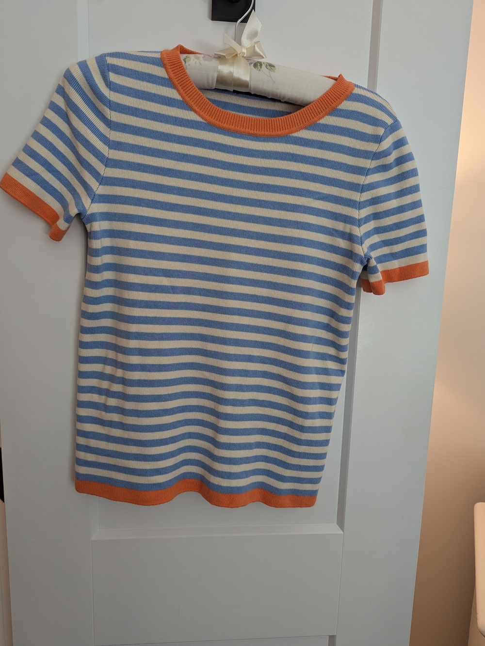 Staccato Blue and White Striped Short Sleeve Tee with Orange Trim